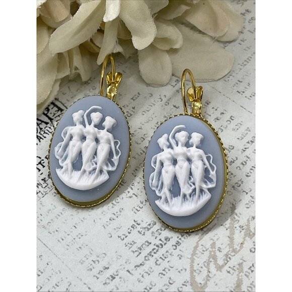 3 Graces Muse Muses Dancers Blue Wh Gold Wedding Setting Earrings Cameo Birthday - Picture 1 of 11